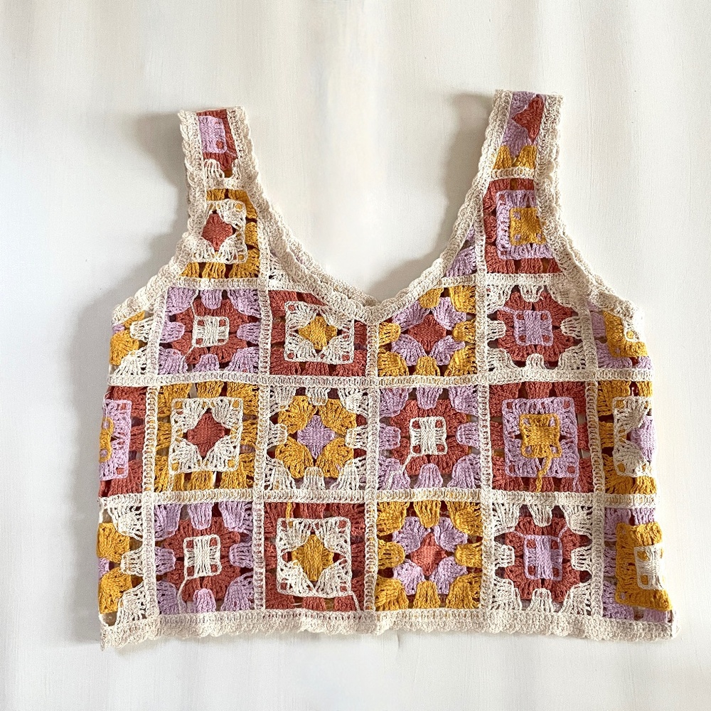 Rebellion Boho Y2K Crochet Granny SquareTop Medium Cropped Festival Indie Hippie